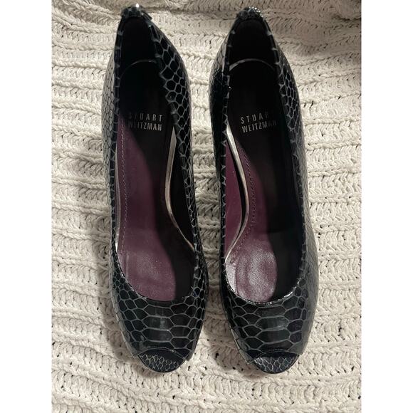 Stuart Weitzman Peep Toe Heels Leather Snake OW36069 Womens 7.5 M Reptile Black - Picture 5 of 10